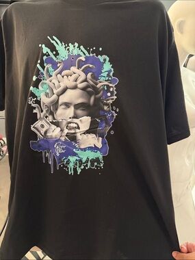 Black Graphic Medusa Tee with Teal & Purple Splash